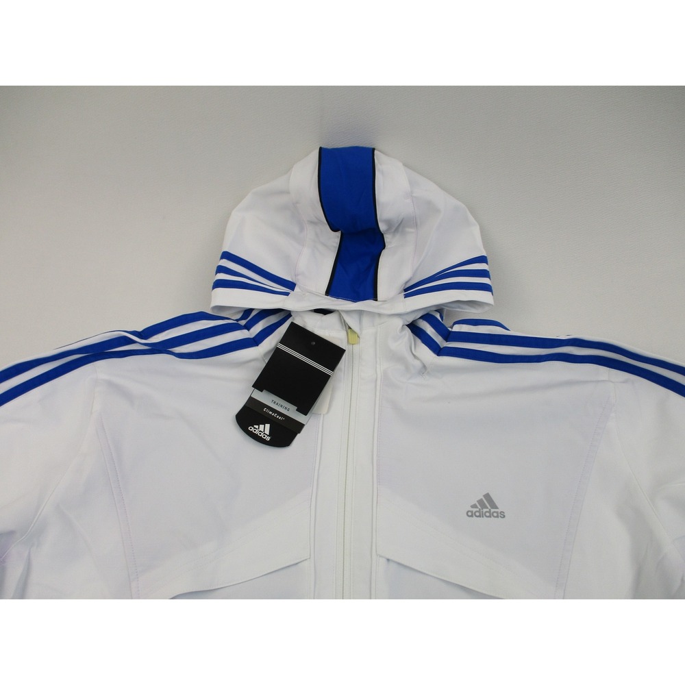 Adidas Stretch Woven Jacket Mens XL White Blue ClimaCool Hooded Windbreaker - Picture 3 of 12